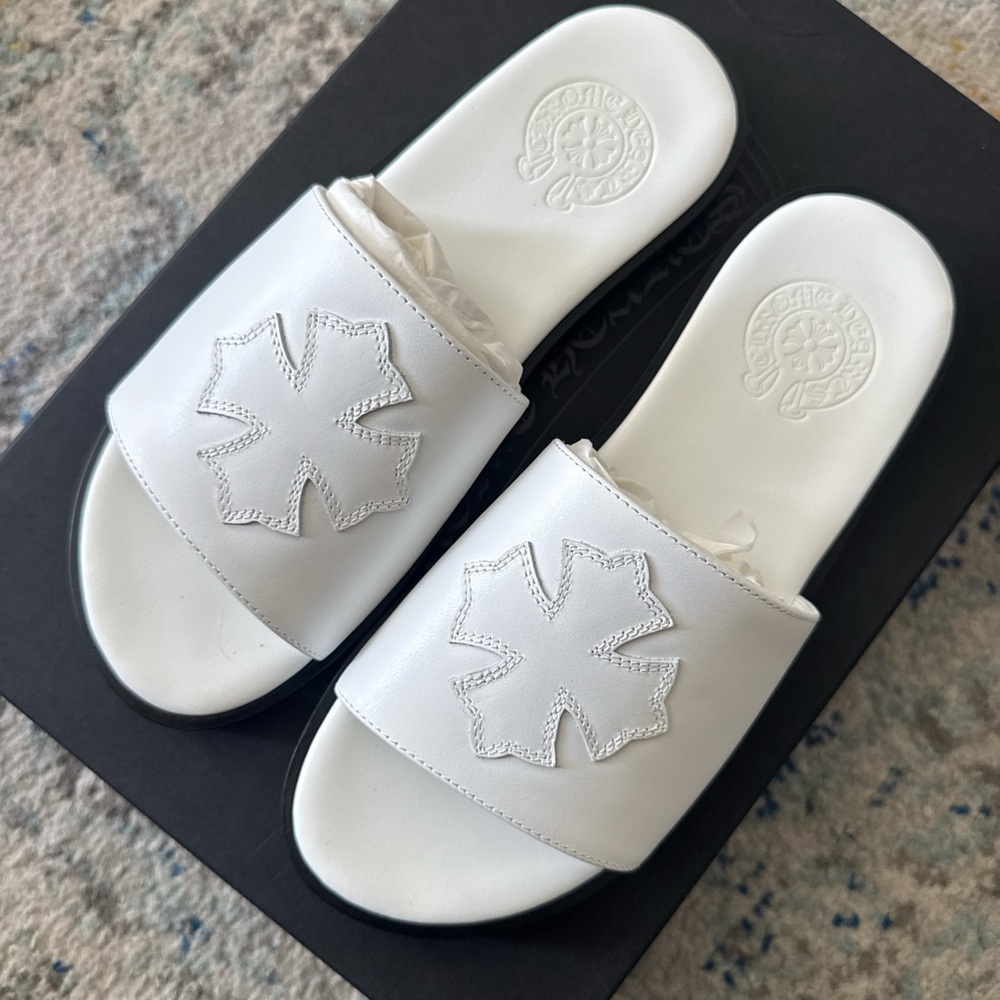 Authentic Chrome hearts white leather slides